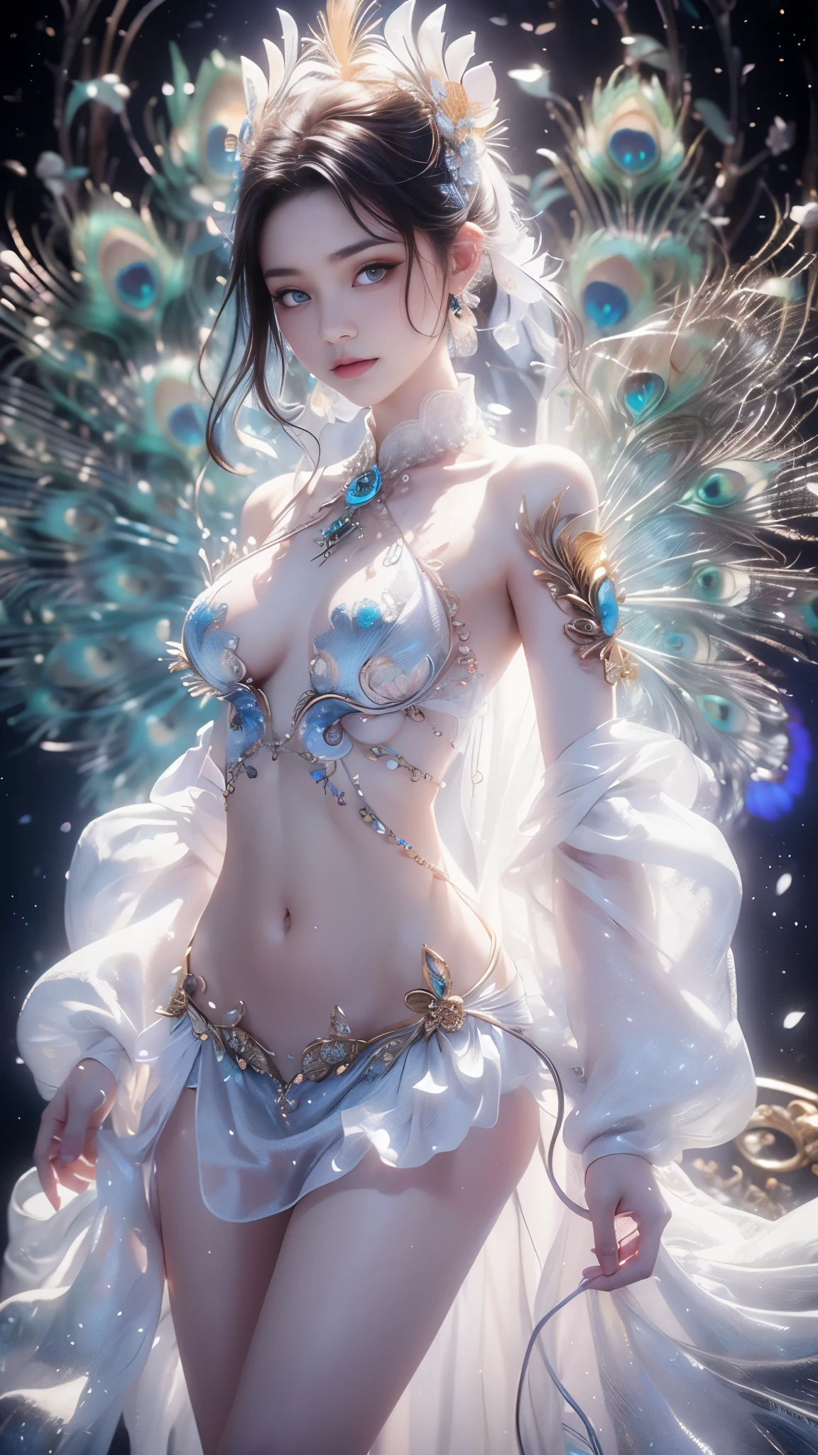 4K, UHD, masterpiece, 1 girl, ((good face)), detailed eyes, very long hair, ((small breasts)), ((peacock clothing)), ((white clothing)), ((strap clothing)), ((white lace)), ((navel)), ((peacock wings)), ((ornaments)), ((fpeacock petticoat)), ((bare hip)), ((bare thigh)), butterfly, fantasy creative art, ultra detailed, details, ultimate details, amazing magnificence, in the beautiful dargen, birds, Pedaipan style, glowing light, bloom, ray tracing, ((upper body)),