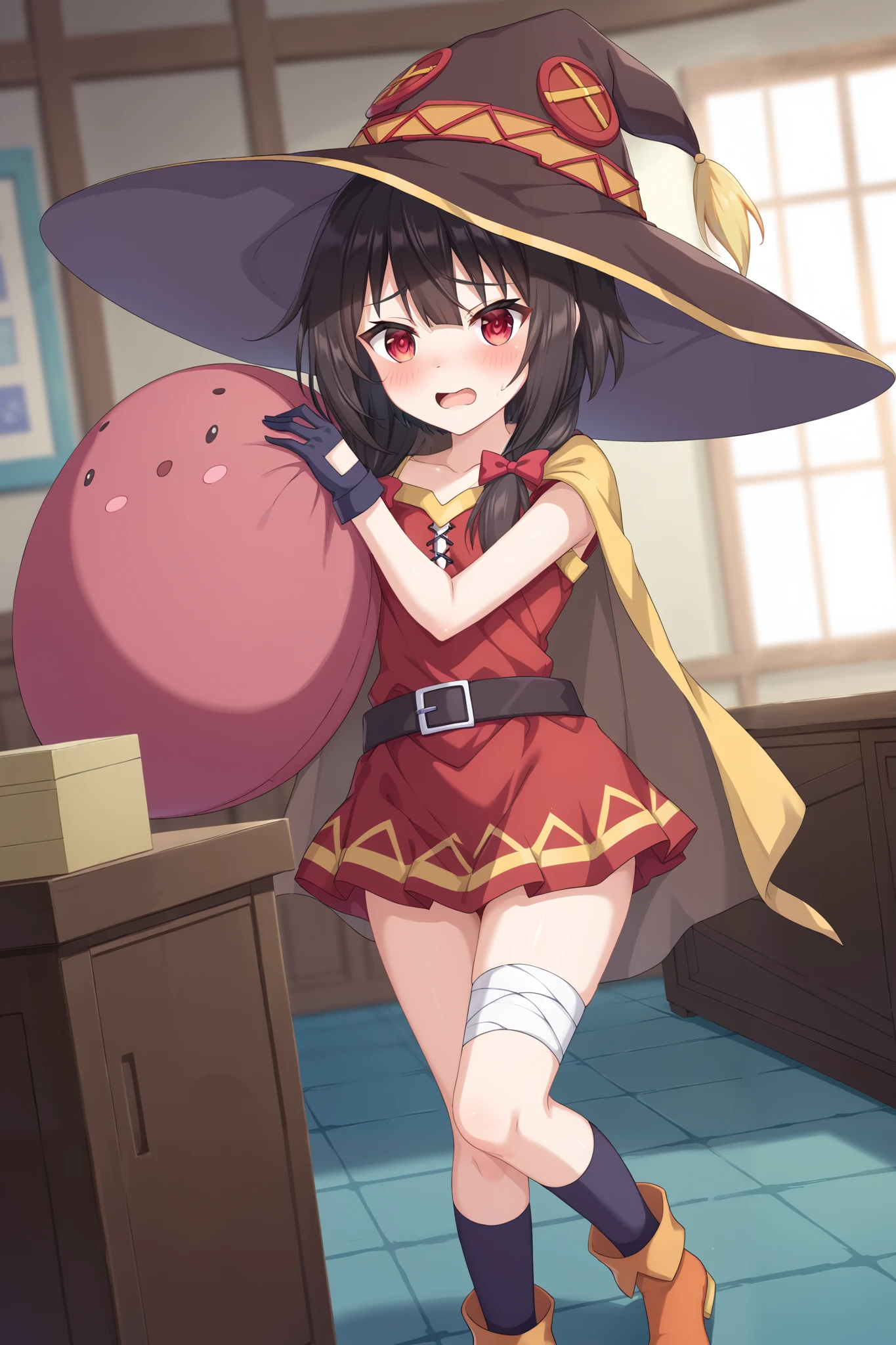 NSFW,masterpiece, best quality, high definition , Very detailed,Megumin\( bless this wonderful world\), short hair、 black hair、Red Eye、 side lock、 long rock, Knee Socks 、gloves、hat、 Red Dress 、黒いgloves、belt、黒い Knee Socks 、指なしgloves、Cape、first round、魔女のhat、bandage、 Red Dress 、片方の Knee Socks 、 asymmetrical legwear、bandageを巻いた脚, Adventurers Guild, reception counter,Embarrassed,blush, standing, attacks multiple people