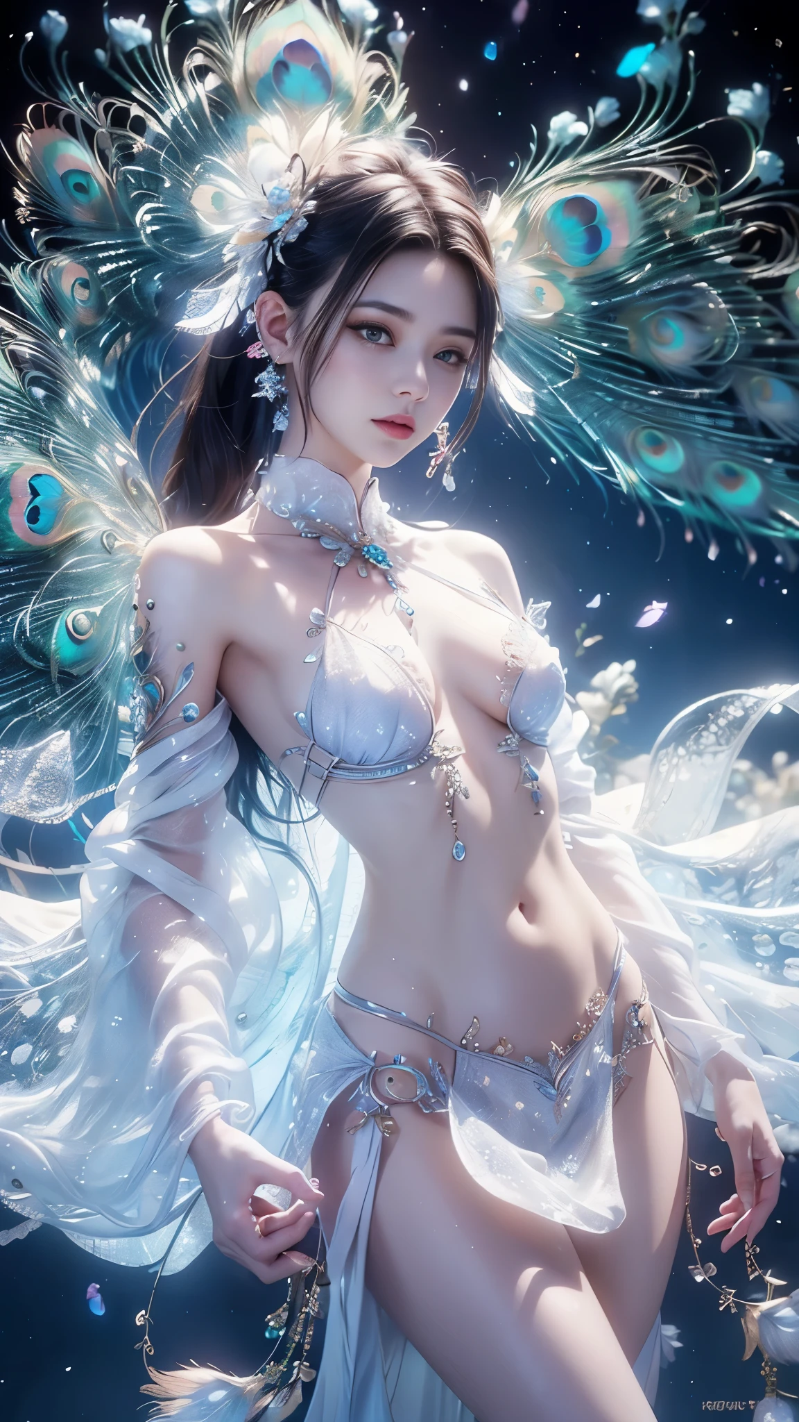 4K, UHD, masterpiece, 1 girl, ((good face)), detailed eyes, very long hair, ((small breasts)), ((peacock clothing)), ((white clothing)), ((strap clothing)), ((white lace)), ((navel)), ((peacock wings)), ((ornaments)), ((fpeacock petticoat)), ((bare hip)), ((bare thigh)), butterfly, fantasy creative art, ultra detailed, details, ultimate details, amazing magnificence, in the beautiful dargen, birds, Pedaipan style, glowing light, bloom, ray tracing, ((upper body)),