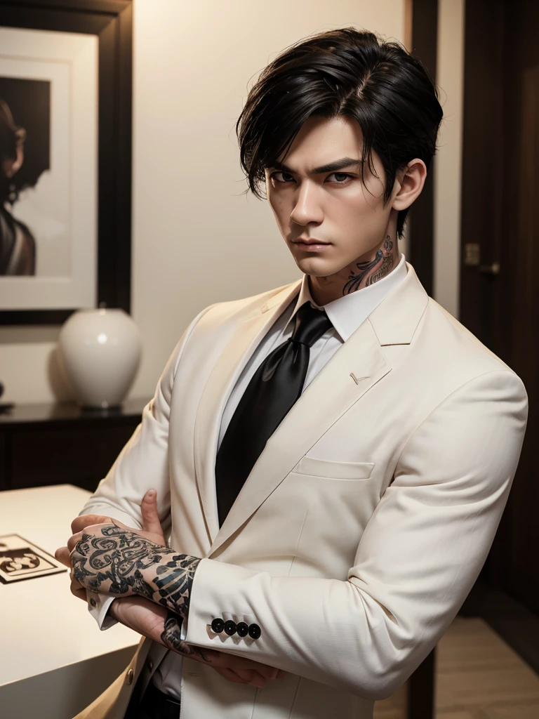 (best quality), 1boy, Male, pale skin, black hair, medium hair, brown eyes, perfect eyes, handsome, serious, yakuza, tattoo, black suit, white shirt, wealthy, masterpiece, anatomically correct, highres
