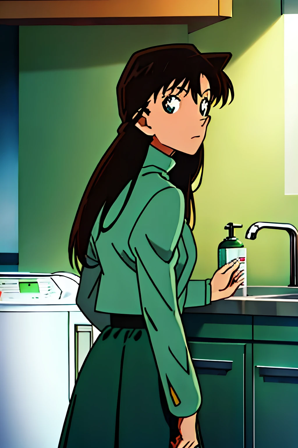 {{{ long hair}}},{{{Public Documents   }}},{{{adult}}},Green dress, Turtleneck Green Tight Skirt , {  Light Teal Crop Domini Jacket },  Green Sox  ,,sink,laundry,kitchen,bringing upper body to the sink,open, Back of Person Leaning Forward 