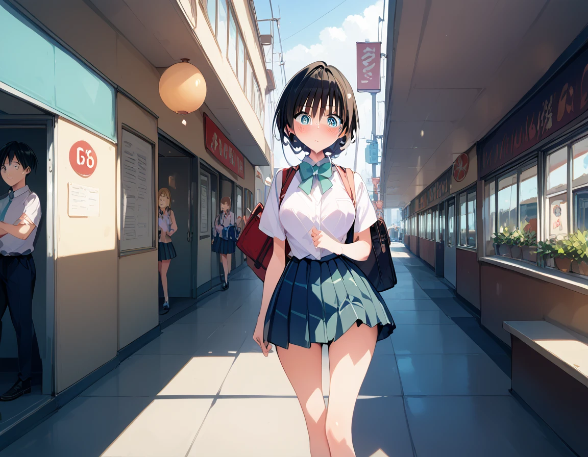 （ best quality,8k）,Completely naked, blush, embarrassing expression, exhibitionist schoolgirl in the middle of a big city,大都会の真ん中で,A large number of people々It has been sighted by,Completely naked,shame