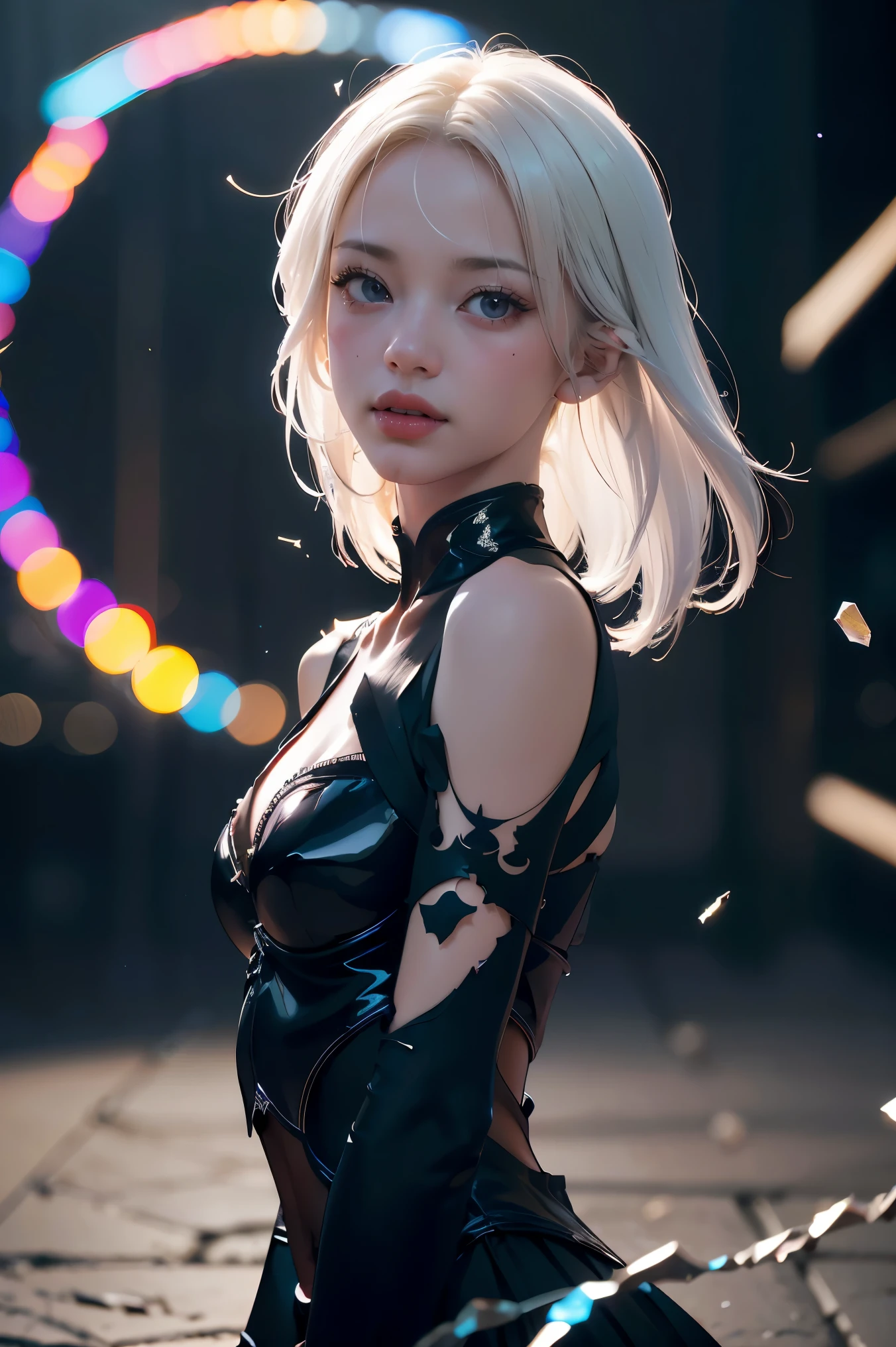 (masterpiece, best quality, ultra-detailed, best shadow), (detailed background,dark fantasy), (beautiful detailed face), high contrast, (best illumination, an extremely delicate and attractive), ((cinematic light)), colorful, hyper detail, dramatic light, intricate details, (1girl, solo,white hair, sharp face, purple eyes, hair between eyes,dynamic angle), blood splatter, swirling black light around the character, depth of field,black light particles,(broken glass),magic circle,