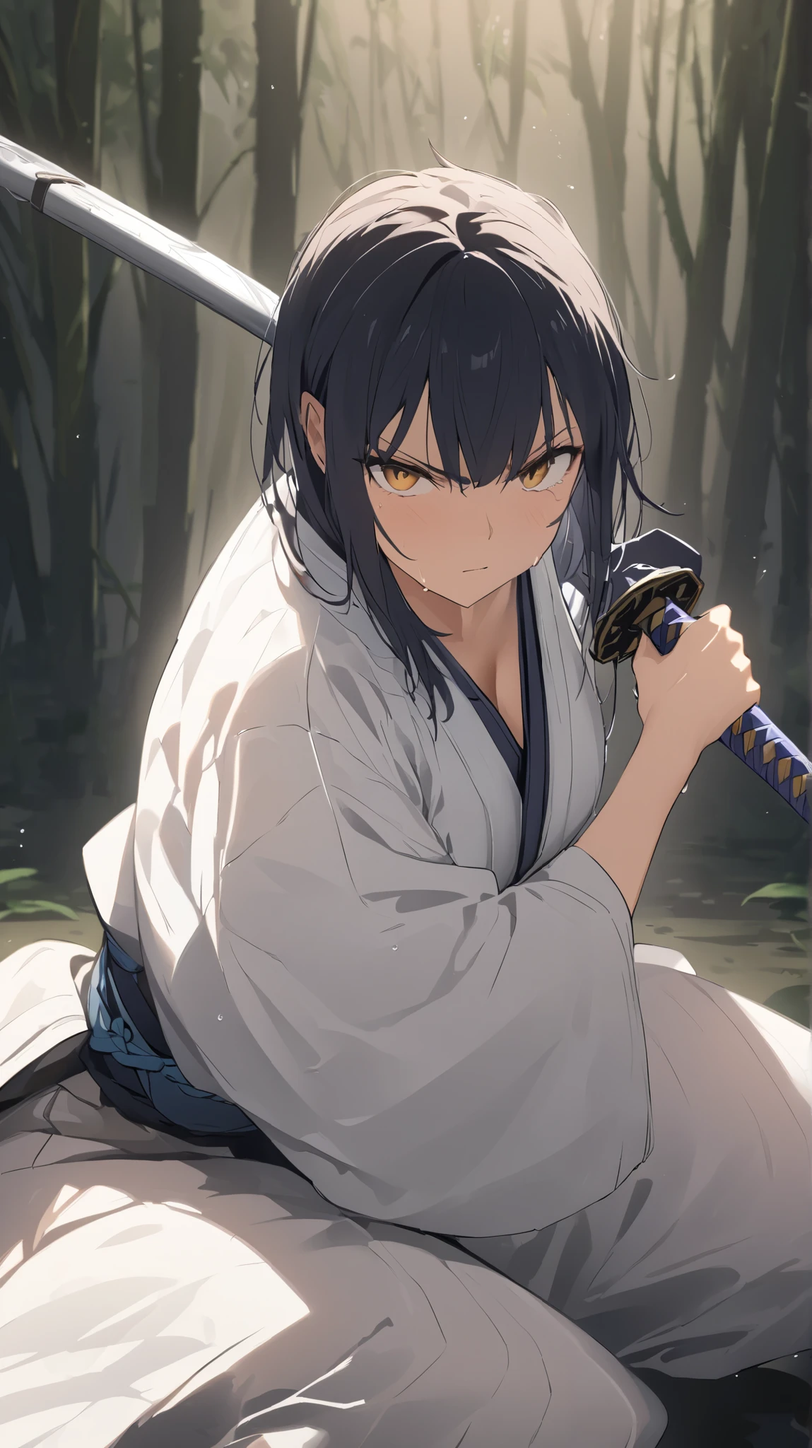 picture of a female samurai with a sword removed from the scabbard , 8k Ultra HD , soft lighting, High Quality , film grain , Fujifilm XT3、最 High Quality , masterpiece, high definition , Samurai Girl, I have a Japanese knife, beautiful posture,Moonlit Night,bamboo forest,chest, 1 girl, high definition , shortcuts,Tall、Handsome beauty 、samurai、 Japanese Knife 、 adult woman、A beautiful woman in men's clothing、Alone, Woman in her early 20s、 is cool、Mature atmosphere、Spiked Hair、 turning your gaze , illustration, who is an adult woman by Tall in Ahoge 、Medium to medium height ,Japanese Sword 、There is murderous intent.,The number of fingers is accurate ,Japanese longsword, on all fours,Iaido, Iai Kari,Close up, Long Sleeve ,The length of the blade of the sword holding the hand ,No hands ,I don't draw hands,Black Scabbard,Moon mark on scabbard,Put one knee on the ground, textured skin , Spread Your Legs, I have sarashi wrapped inside the kimono,underwear( sarashi), profuse sweat,Clothes are wet with sweat,Clothes are see-through due to sweat, clavicle , white kimono, with multiple swords in their sleeves, long hair, black hair, Ahoge,High concentration ,Serious personality, golden eyes, Breathing through the mouth ,Contemptuous eyes, Contempt/Angry Gaze, Crazy Eyes, Battle Mode,1 thick, long Ahoge
