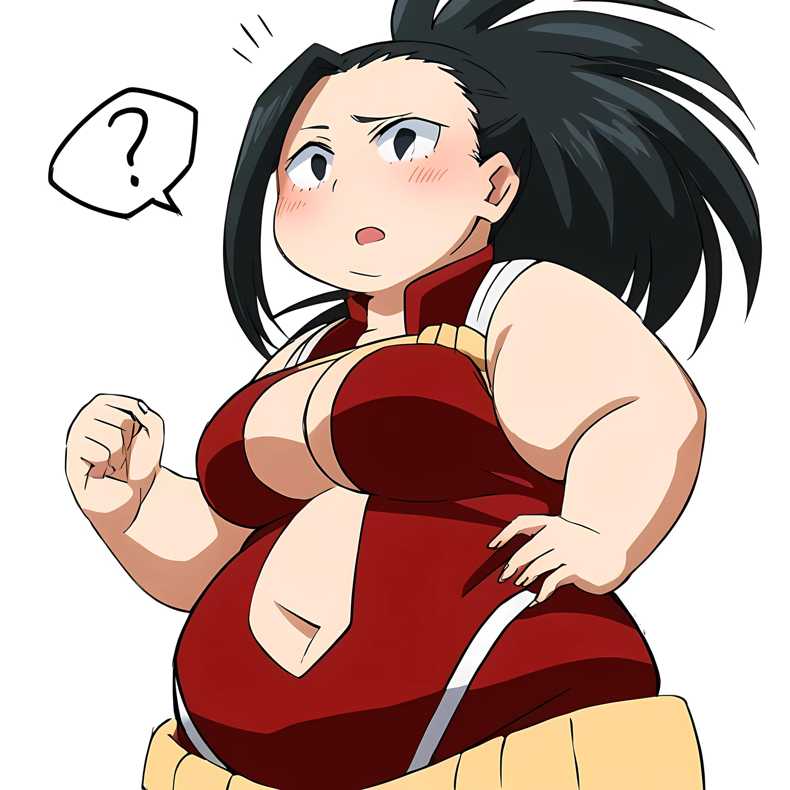 momo yaoyorozu,1girl,solo,breasts,large breasts,ponytail,hair pulled back,shirt,bare shoulders,leotard,center opening,red leotard,wide ponytail,long hair, sketch bulging belly, fat, chubby, obese, open mouth, out of breath, absurdres, highres icon, rating:General, confused, blush, spoken question mark, {flustered}, nervous sweating, portrait, pov hands, hand on another's belly, averting eyes, [looking away], straight-on, from below, swollen face, masterpiece, best quality, ultra-detailed, high resolution, 8K, absurdres, highres icon, 