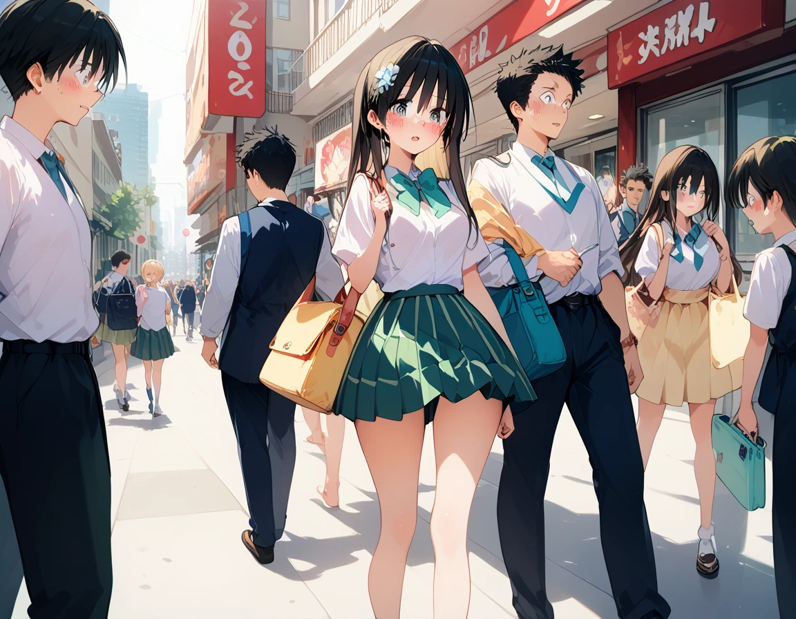 （ best quality,8k）,Completely nakedの女の子, blush, embarrassing expression, exhibitionist schoolgirl in the middle of a big city,In the middle of a big city scramble crossing,A large number of people々It has been sighted by,Completely naked,shame,Tokyo