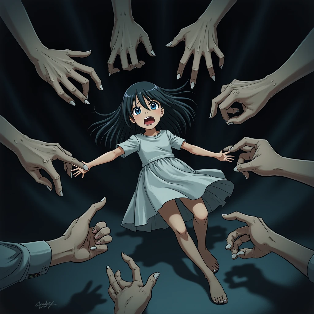 create an image of a trans anime girl sitting on top of a building under. She wears a short outfit and has short hair covering her face. It is raining and around her several transparente ghostly hands  touch her body 