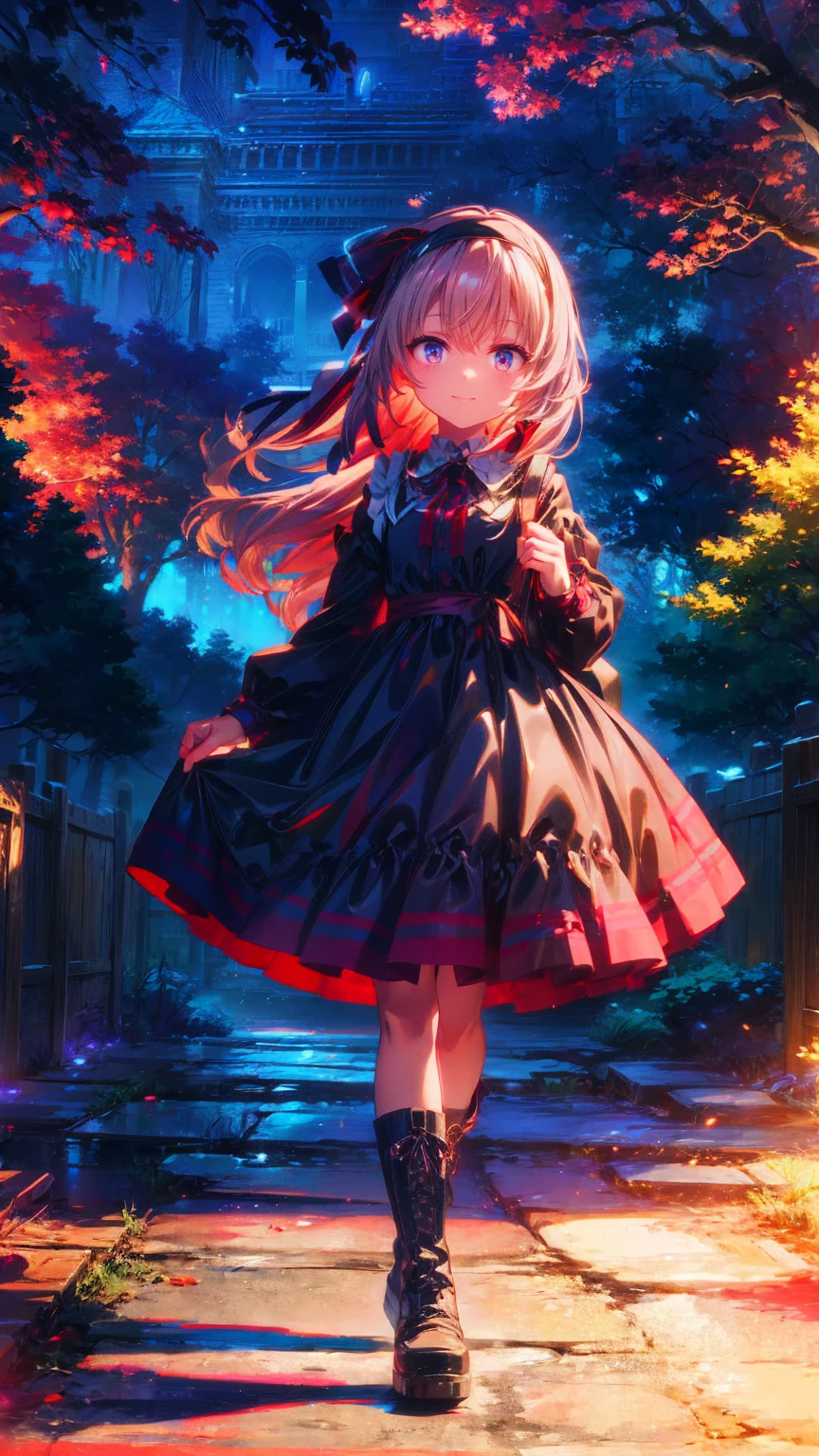  anime style、story、、 cute女の子 、とてもcute天使、  pink gothic dress  、cute、、smile、  Long Skirt 、  black boots 、Very cute headband
