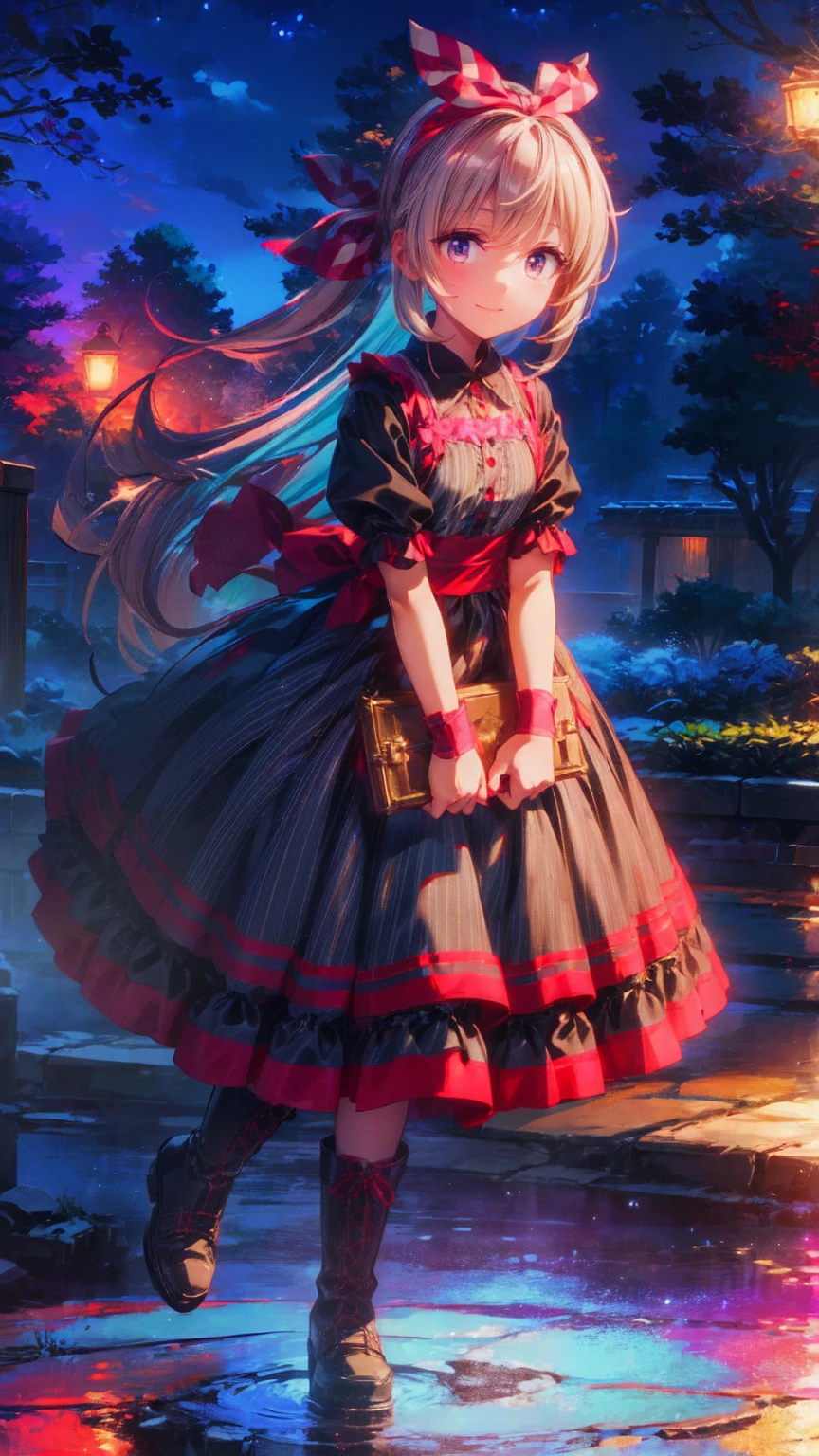  anime style、story、、 cute*** 、とてもcute天使、  pink gothic dress  、cute、baby face、smile、  Long Skirt 、  black boots 、Very cute headband
