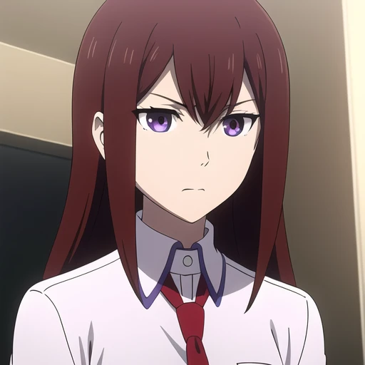 ((  Masterpiece , best quality,  super detailed ,8k)),brown_hair,collared_ shirt, jacket,length_sleeve,Makise _run, standing,red_ ties,Alone, 1 girl,white_ shirt, perfect face,red_hair, purple _eye,(()), upper body,(close_mouth)