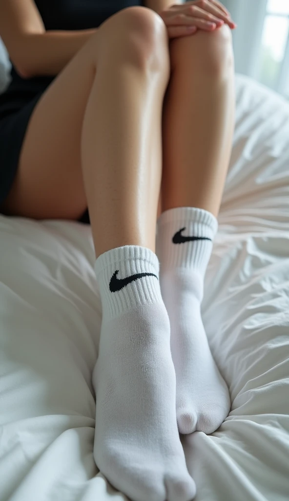 soft light, back facing photograph of hnnhxl, portrait photography, look over shoulder, bedroom, RAW format high quality photograph, wearing white crop top and shorts, (freckles:0.7), Fujifilm X-E4, Fuji 75mm f1.2 lens, ((feet, ankle socks, white ankle socks, soft legs,)), ultra realistic, realistic eyes, realistic face, realistic proportions