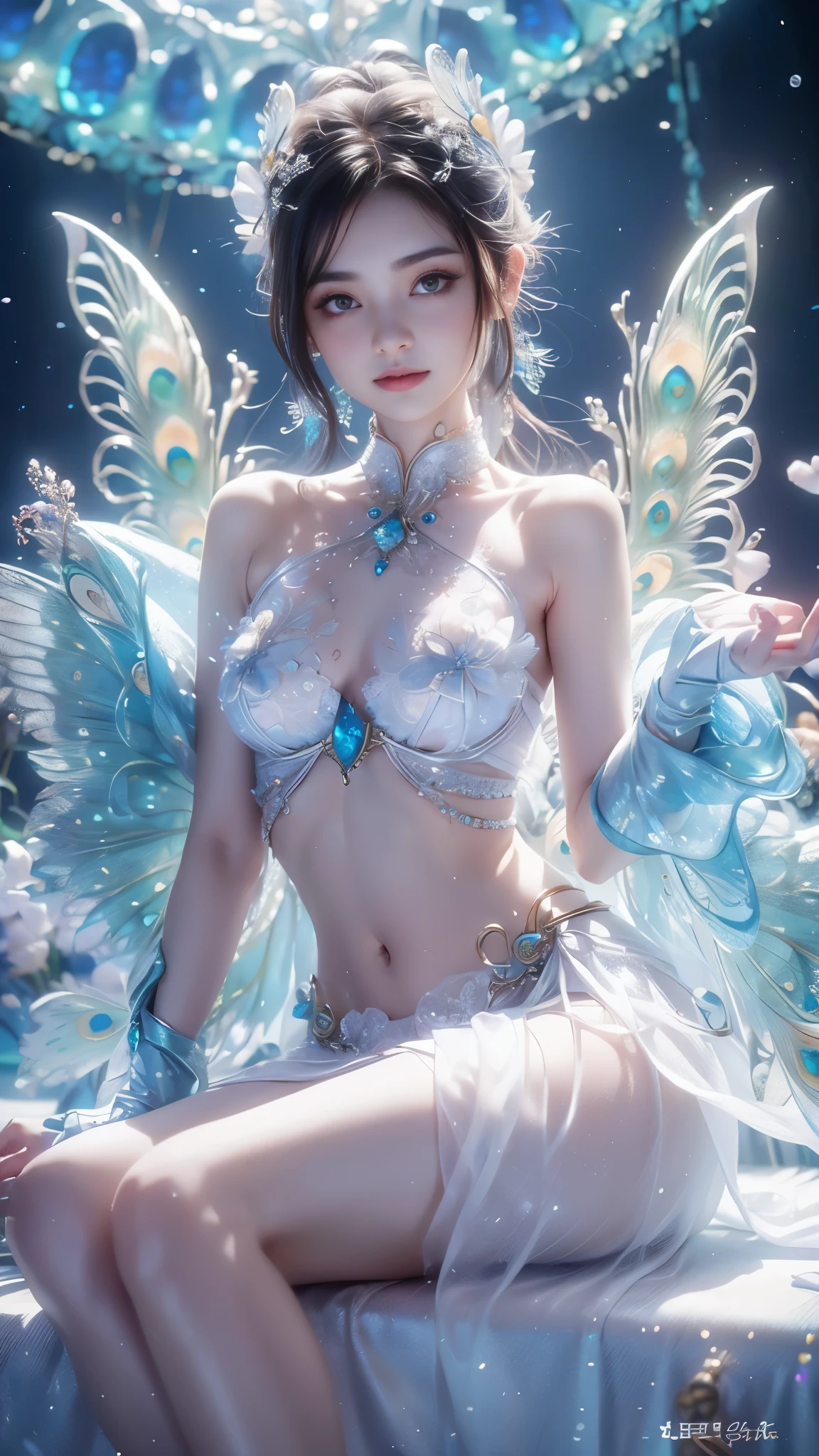 4K, UHD, masterpiece, 1 girl, ((good face)), detailed eyes, very long hair, ((small breasts)), ((peacock clothing)), ((white clothing)), ((strap clothing)), ((white lace)), ((navel)), ((peacock wings)), ((ornaments)), ((fpeacock petticoat)), ((bare hip)), ((bare thigh)), butterfly, fantasy creative art, ultra detailed, details, ultimate details, amazing magnificence, in the beautiful dargen, birds, Pedaipan style, glowing light, bloom, ray tracing, ((upper body)), sitting,