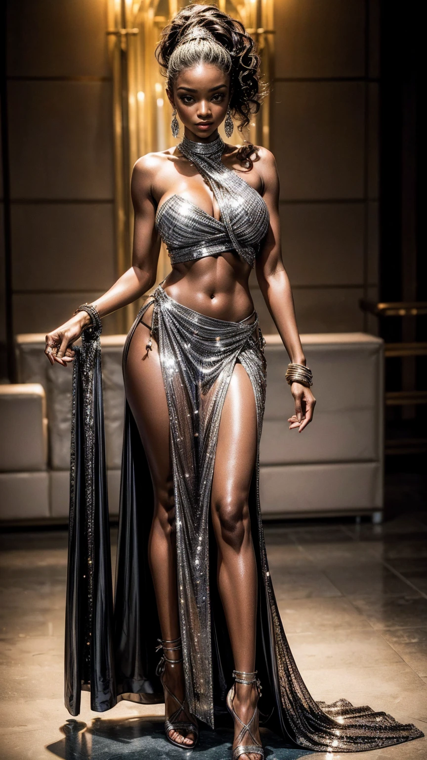 illustration, indian ifbb, (translucent shimmering dress), sheer arab pants, thick lips