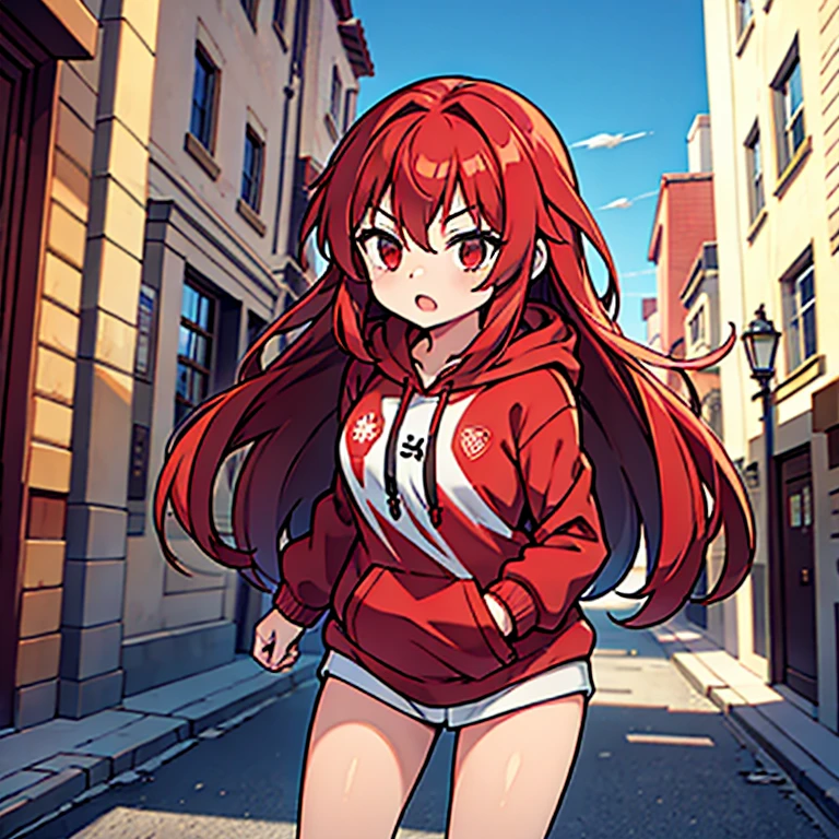 1girl red hair long hair red eyes hoodie with her hood on town