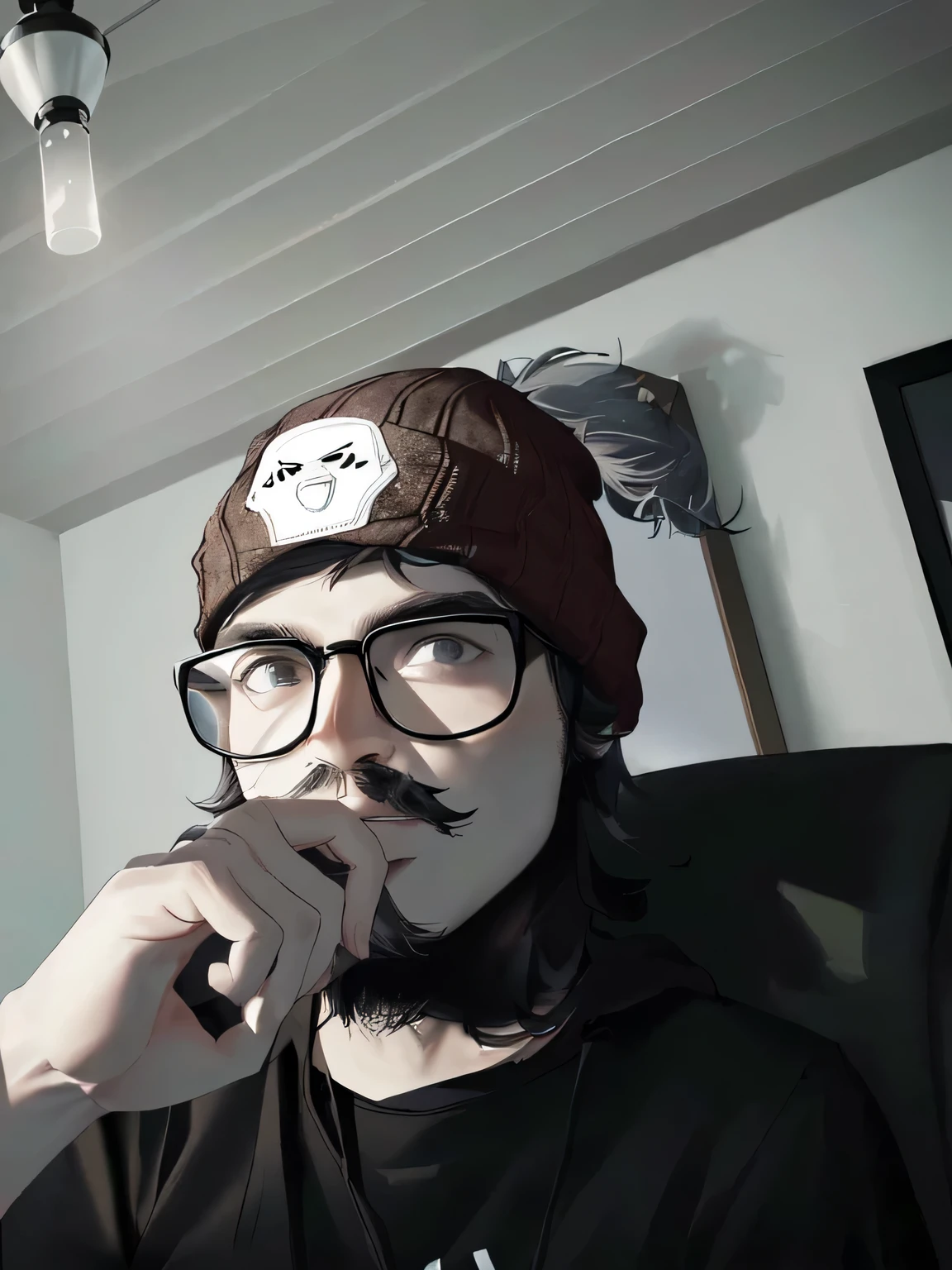 arafed man with a hat and glasses sitting in a chair, wearing beanie, it's wearing a cute little hat, twitch streamer / gamer ludwig, low quality photograph, he is wearing a hat, profile picture 1024px, very very low quality picture, wearing a beanie, with a weird hat, #oc, # oc, low quality photo