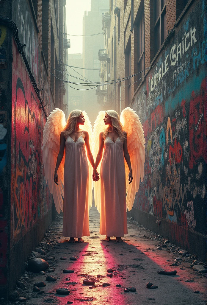 Two majestic angels, human-like, bathed in a gentle, heavenly glow, walk side by side down a narrow street, of cobblestones under a moonless moon, stary night. Her wings, gently folded against your back, glow faintly in the darkness, casting ethereal shadows that dance along the ancient walls of stillness, sleeping city. The atmosphere is charged with an unearthly tension as they move with purpose., your luminous presence illuminating the path ahead in the silence, sinister of the night, no visible errors or defects."