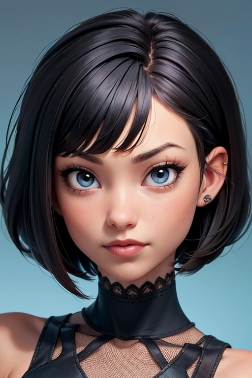 0l1v14w, face closeup, bangs, bob cut, short black hair, blue background 