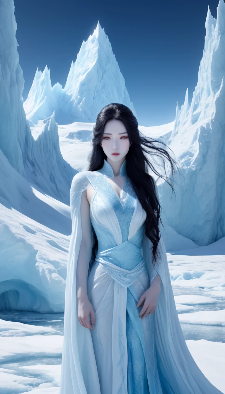 (((  surrenders ))) photograph,( super detailed face),((light)),A hyper-realistic and hauntingly beautiful depiction of a Yuki-onna, a mythical snow woman, standing amidst a stark Antarctic ice mountain landscape. Her porcelain-white skin glows softly against the icy blue and white surroundings, exuding an otherworldly beauty. Her long, flowing hair, as white as freshly fallen snow, cascades down her back, blending seamlessly with the frost-covered environment. Her piercing, icy blue eyes hold a cold, hypnotic gaze that conveys both elegance and an unsettling chill. She wears a flowing, ethereal robe made of translucent ice-like fabric that seems to merge with the glacial winds around her. Frost and snow swirl gently at her feet, and her presence causes the surrounding air to shimmer with an icy haze. The massive ice mountains rise behind her, their jagged peaks reflecting the pale light of a frozen sun, completing the breathtaking and enigmatic scene