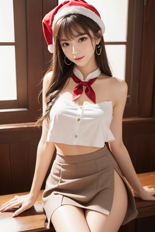 20yo, Petite breasts, Brown hair, Red leash, seaside, She smiled slightly, Long hair, christmas street, Christmas Background, Sexy Pose