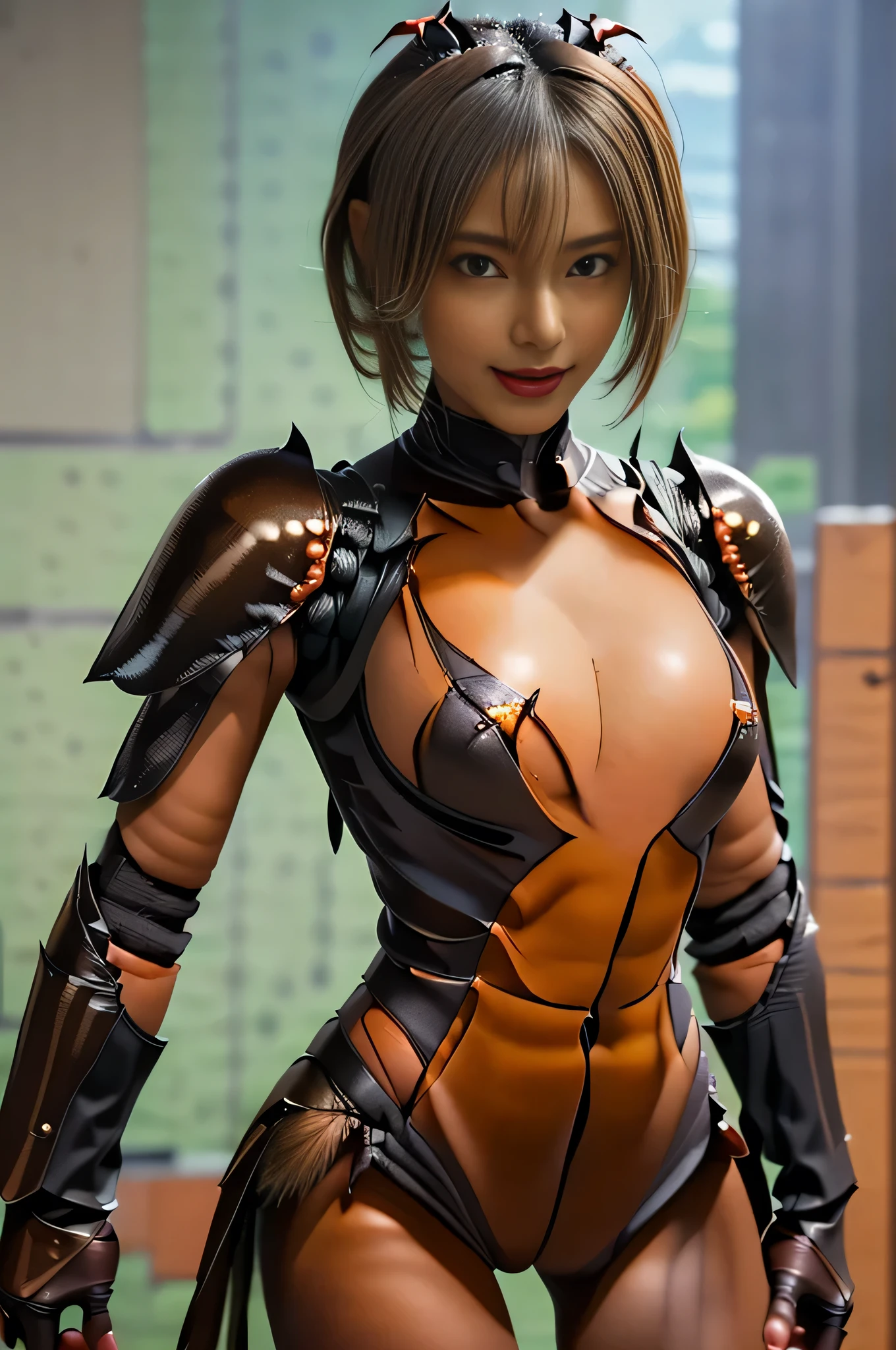 (high resolution,masterpiece,best quality,extremely detailed CG, anime, official art:1.4), realistic, photo, amazing fine details, all intricate, gloss and shiny,awesome many layers, 8k wall paper, 3d, sketch, kawaii, illustration,( solo:1.4), perfect female proportion,villainess, (fusion of dark brown cockroach and lady:1.4), (brown cockroach form lady:1.2), (brown cockroach lady:1.2), (fusion:1.2), (solo:1.4), (evil smile:1.2), muscular, abs, (cockroach brown exoskeleton bio insect suit:1.4), (cockroach brown exoskeleton bio insect armor:1.2), (brown transparency cockroach wing:1.4), (brown cockroach antennae:1.3),