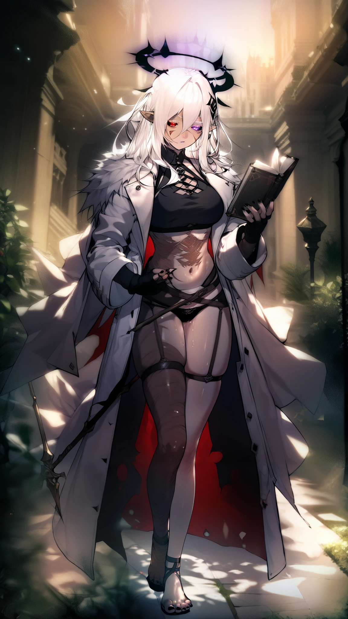 asura style, score_9, score_8_up, score_7_up, white hair, long hair, pointy ears, black sclera, colored sclera, heterochromia, demon horns, multicolored skin, black horns, (scar:1.2), red eyes, fingernails, black nails, facial mark, purple eyes, (black skin:1.2), white skin, colored eyelashes, BREAK masterpiece, best quality, very aesthetic, absurdres, beautiful detailed eyes, beautiful detailed lips, extremely detailed face and portrait, elegant expression, volumetric lighting, cinematic composition, detailed environment, lush garden, vibrant colors, intricate details, masterpiece, high resolution, digital painting, excessive sweating, sweating profusely, sweating drop, (soft warm lighting:1.2), (skindentation:1.2) BREAK, 1girl, book, navel, breasts, solo, holding, gloves, halo, looking_at_viewer, thighs, outdoors, holding_book, full_body, fur_trim, black_gloves, white_coat, parted_lips, clothing_cutout, staff, midriff, pelvic_curtain, standing, coat, long_sleeves, holding_staff, open_book, panties, black_panties, black_shirt, open_coat, building, underwear, open_clothes, toes