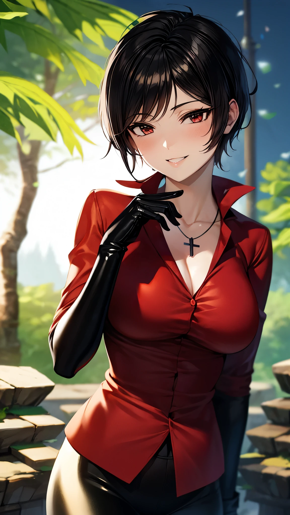 （ super quality, ultra high resolution with forest background,16k,super masterpiece,Ultra HD ,Detailed shading and background,）sexy,Photographing the upper body,Short, straight, black hair ,（A red shirt suit that has been unbuttoned, spread wide, and stood straight,Folded sleeves, black long gloves,Tight black pants, black long boots ,） cross necklace, provocative smile ,Thick lips,Neon city at night,