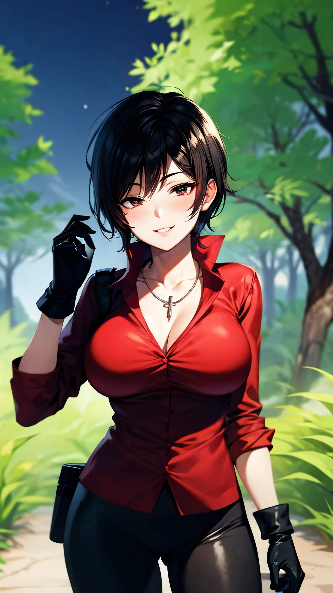 （ super quality, ultra high resolution with forest background,16k,super masterpiece,Ultra HD ,Detailed shading and background,）sexy,Photographing the upper body,Short, straight, black hair ,（A red shirt suit that has been unbuttoned, spread wide, and stood straight,Folded sleeves, black long gloves,Tight black pants, black long boots ,） cross necklace, provocative smile ,Thick lips,Neon city at night,