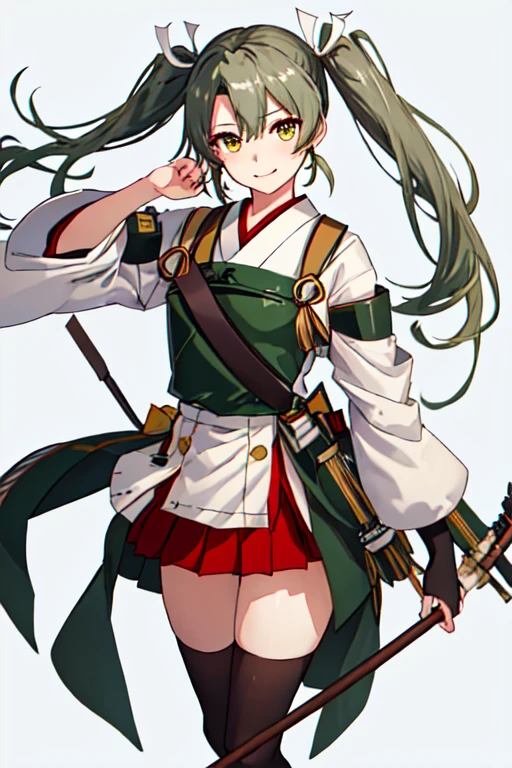  best quality,   Masterpiece ,  high definition , Alone, {zuikaku_ kantaicolection :1.15}, length_hair,  twin tails, ribbon, hair_ribbon, green_hair, green_eye, smile, white_ribbon,  1 girl, Japanese_Clothes, Simple_background, muneine, white_background, Watching_in_ viewer,  upper with t_body, yellow_eye, gray_hair, tasuki, hair_between_eye,  Similarly ,  Similarly _short_ skirt,  Similarly _ skirt,  skirt