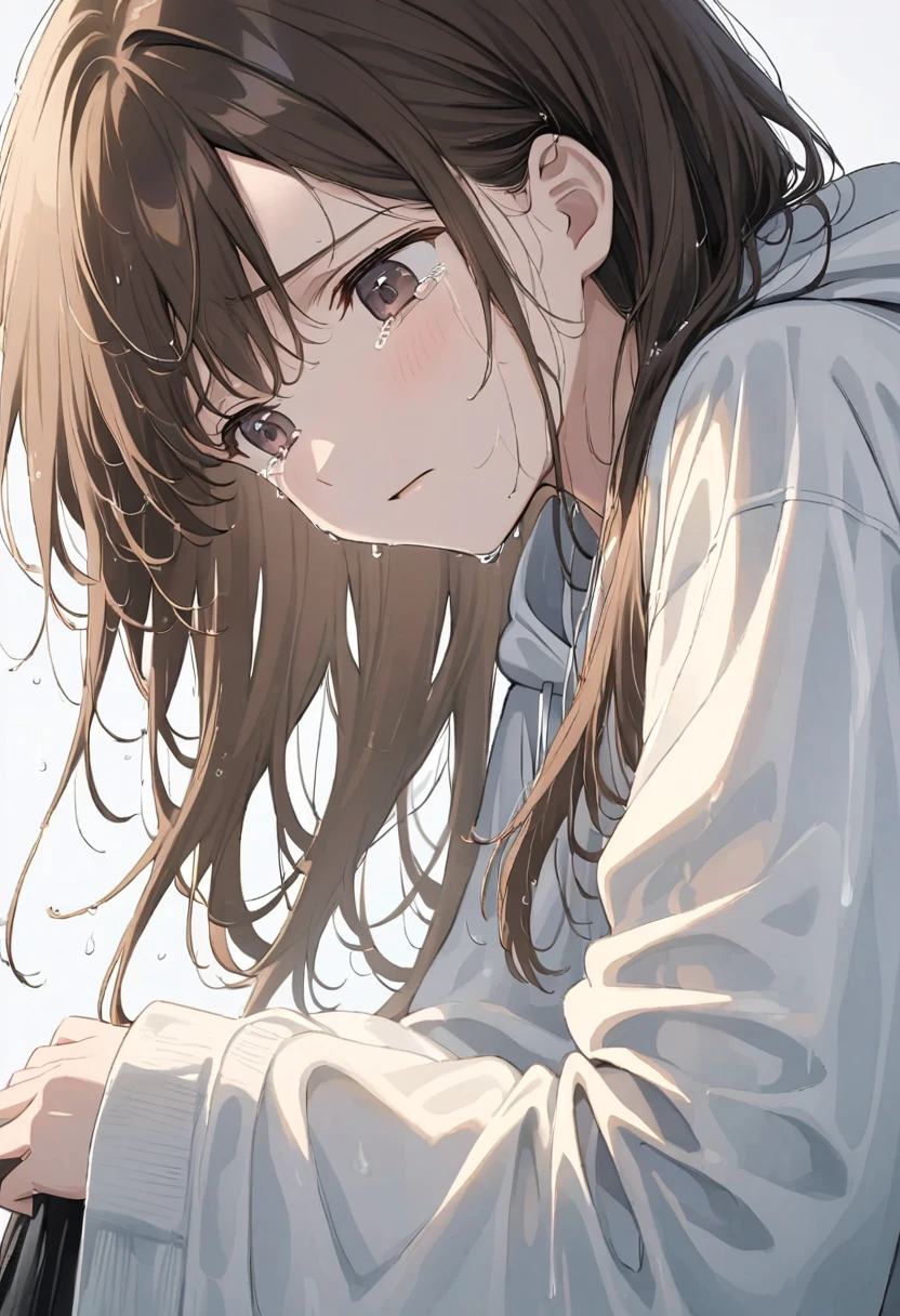 ((anime,pastel))、 a woman looking down , cowboy shot,Close up,Ultra low angle, an angle that looks into your face, Long Wet Hair ,hair hanging down , long bangs ,sorrow, sheds tears,Overflowing Tears , a hand that catches tears ,The theme is hopelessness , Brown Hair, dark eyes,White hoodie　 background is black