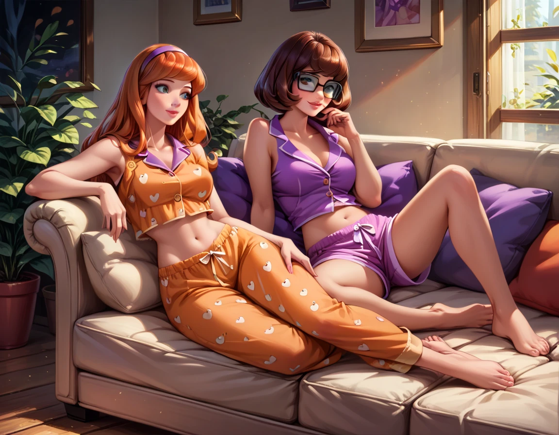 score_9, score_8_up, score_7_up, rating_questionable, 2girls, duo, beautiful waifu, mature women, (Daphne Blake, orange hair, wearing sexy pajamas, shorts, bare shoulders, bare arms, midriff, barefoot:1.4), and (Velma Dinkley, brown hair, wearing sexy pajamas, bare shoulders, bare arms, midriff, barefoot:1.3), modern living room, (sitting on large sofa:1.2), smile, (looking into each others eyes:1.1), eyes half-closed, filled lips, thick lips, detailed eyes, detailed face, dimly lit, perfect hands, (Hand, detailed, perfect, perfection, hands:1.2), perfect proportions.