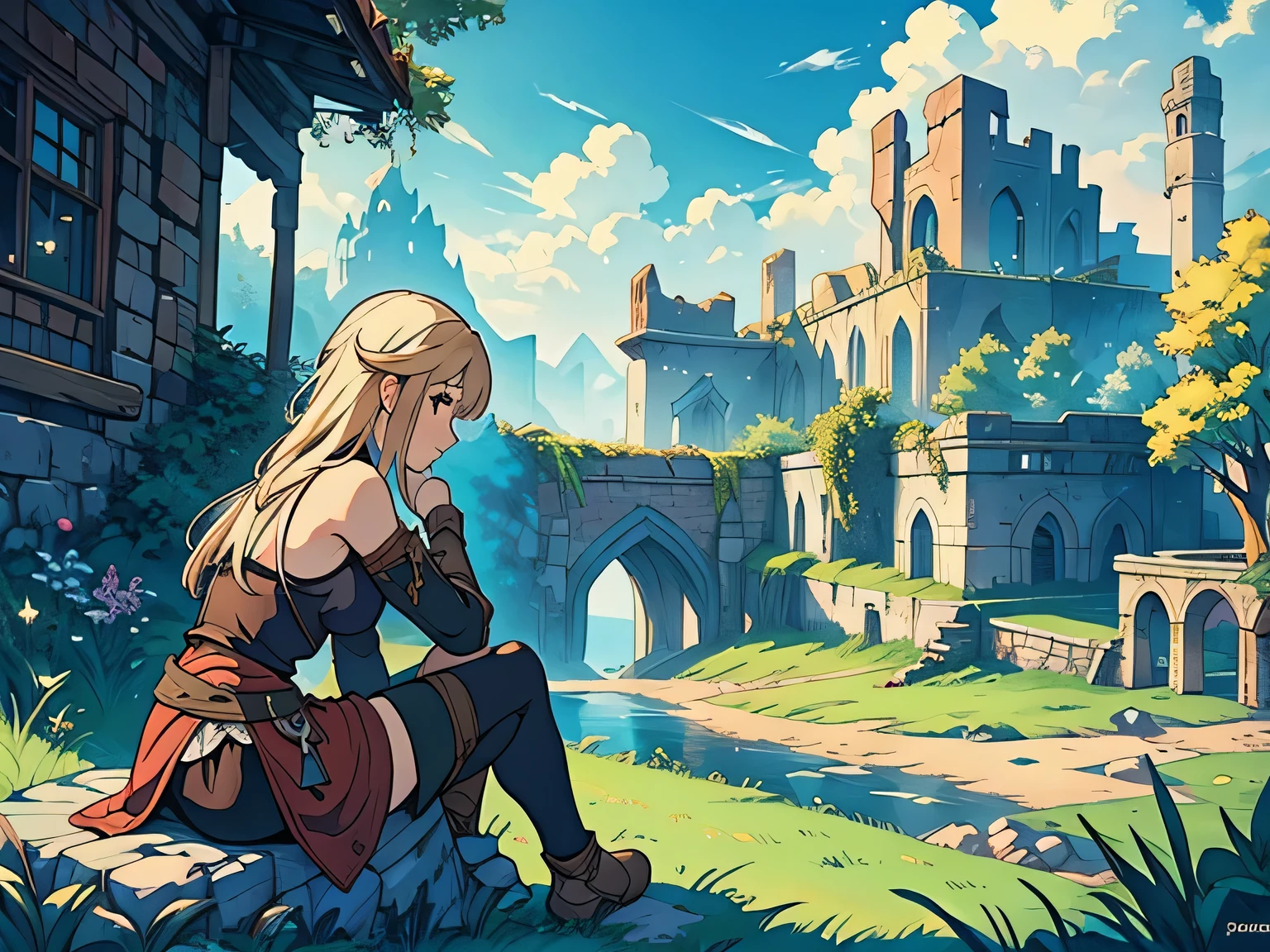 fantasy、rpg, pretty girl、Sexy adventurers 、armor、tights、Journey 、grassland、Ruins、 sit on a rock and take a break