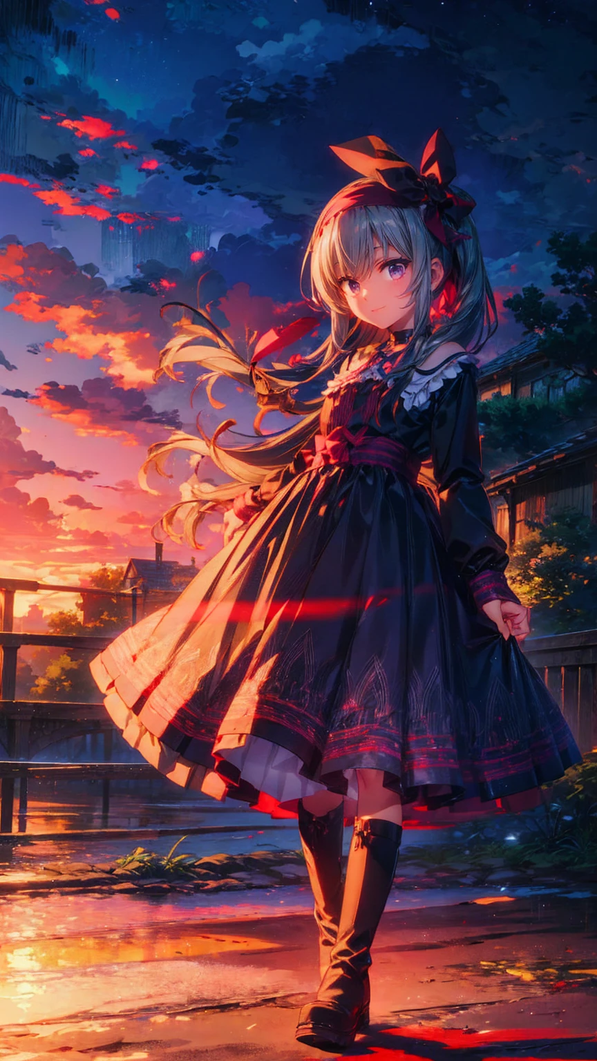  anime style、story、、 cute女の子 、とてもcute天使、  pink gothic dress  、cute、、smile、  Long Skirt 、  black boots 、Very cute headband
