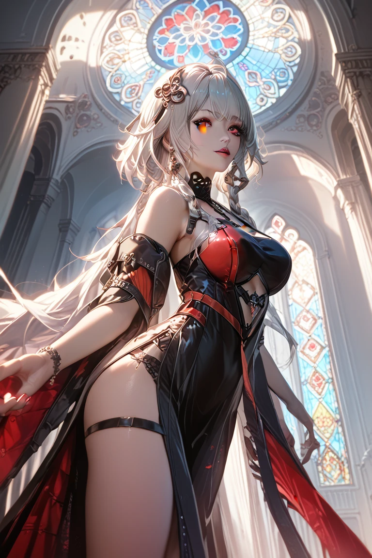 A very beautiful vampire with big boobs big ass white hair red eyes in a cathedral wearing a very refined royal dress