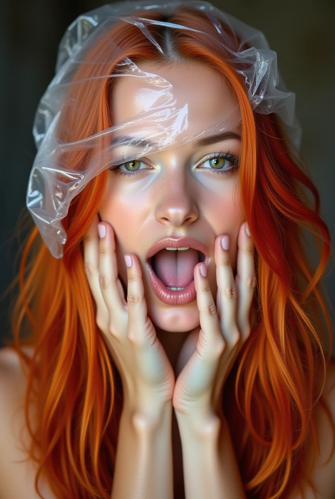 female face a red hair ; long hair; expression of pleasure ; open mouth; suffocated with a plastic bag around your head; Very tight to the face