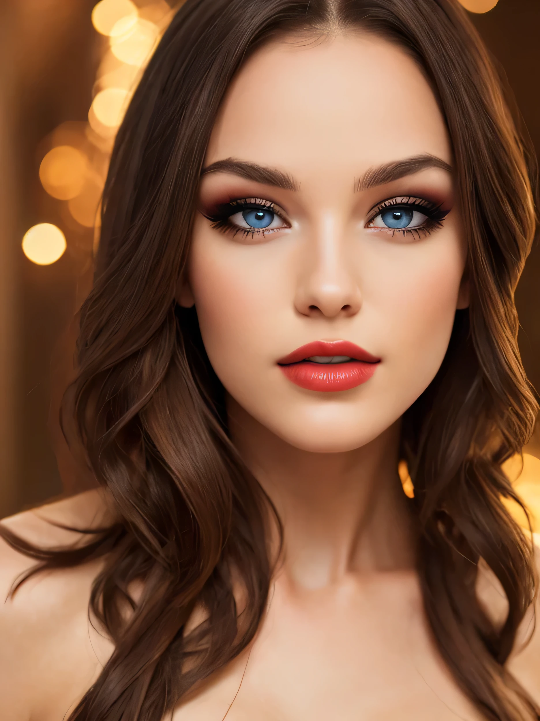 gorgeous young woman's face, beautiful detailed eyes, red sensual lips, makeup, masterpiece.