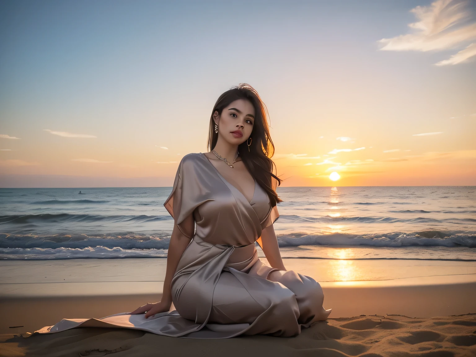 photo a curvy fair girl with brown silk blouse , gray silk saree,verry huge chest, chubby chest, big slit,, long golden chain on neck, sitting A peaceful beach at sunset, with soft sand, gentle waves, and a few seagulls in the distance. The sky is painted with a warm orange and pink hue, and the sun is just about to dip below the horizon. 