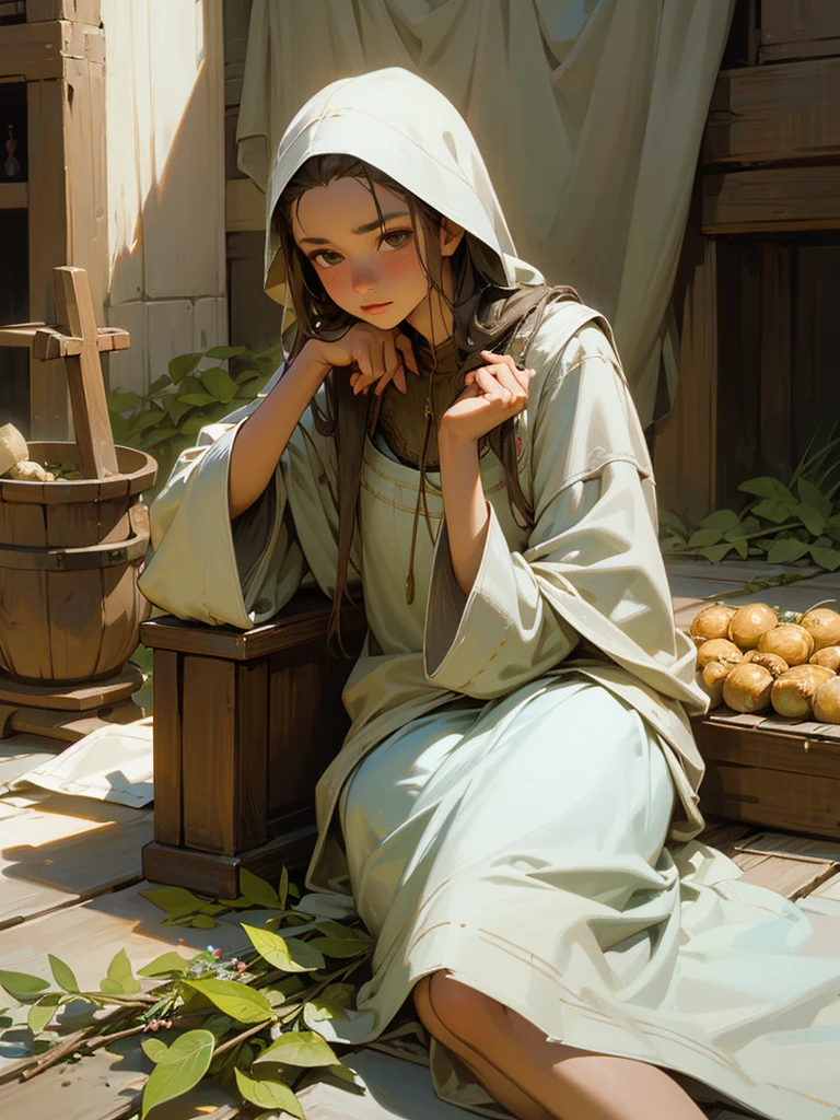 Highest quality realistic photos, Bare skin texture, Hair texture, Girl selling herbs and holy water in a medieval market, Poor clothes, Very beautiful face