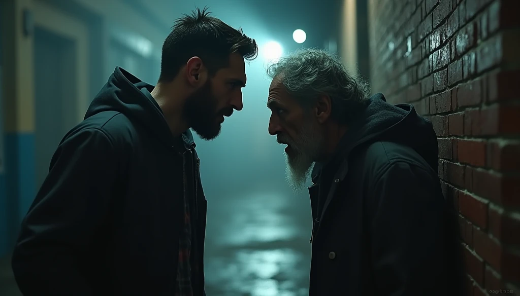 Create vintage poster style art, old movie posters, for the horror story, The Man at the Bus Stop, by the author Thiago Lopes, which tells the story of a bitter, bald bar owner who meets a  old man at night and discovers that this man is waiting for the bus that will take him to hell