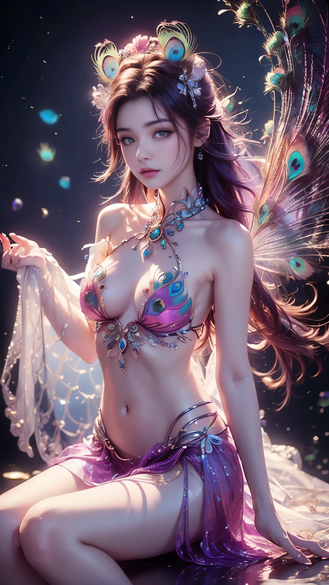 4K, UHD, masterpiece, 1 girl, ((good face)), detailed eyes, very long hair, ((small breasts)), ((peacock clothing)), ((magenta clothing)), ((strap clothing)), ((magenta lace)), ((navel)), ((peacock wings)), ((ornaments)), ((fpeacock petticoat)), ((bare hip)), ((bare thigh)), butterfly, fantasy creative art, ultra detailed, details, ultimate details, amazing magnificence, in the beautiful dargen, birds, Pedaipan style, glowing light, bloom, ray tracing, ((upper body)), sitting,