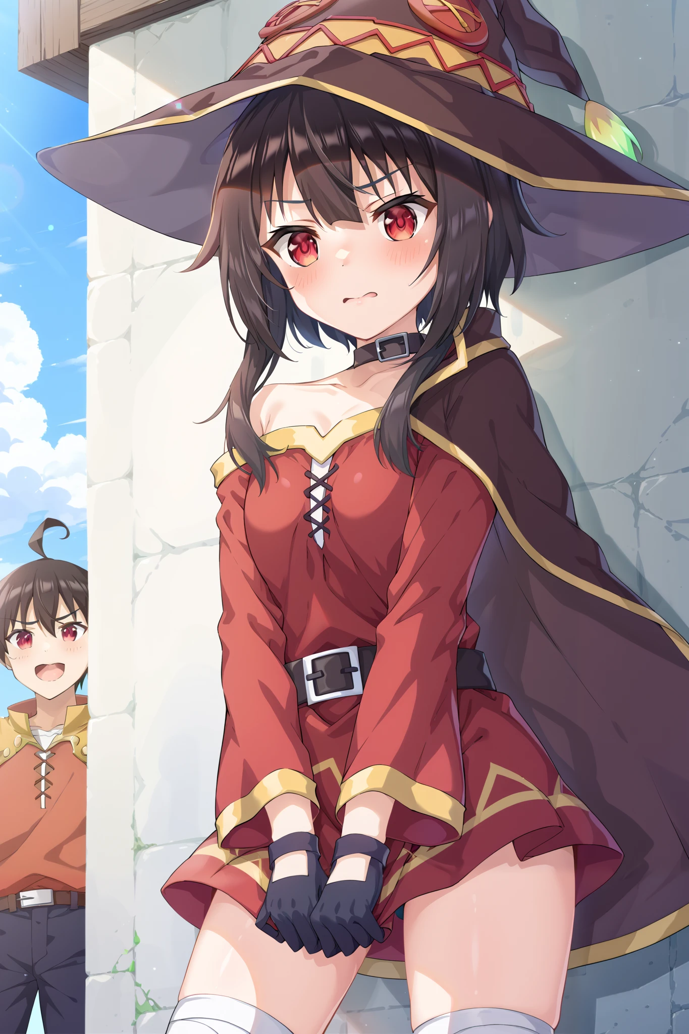 NSFW,masterpiece, best quality, high definition , Very detailed,Megumin\( bless this wonderful world\), short hair、 black hair、Red Eye、 side lock、 long rock, Knee Socks 、gloves、hat、 Red Dress 、黒いgloves、belt、黒い Knee Socks 、指なしgloves、Cape、first round、魔女のhat、bandage、 Red Dress 、片方の Knee Socks 、 asymmetrical legwear、bandageを巻いた脚, Adventurers Guild, reception counter,Embarrassed,blush,Standing hugged