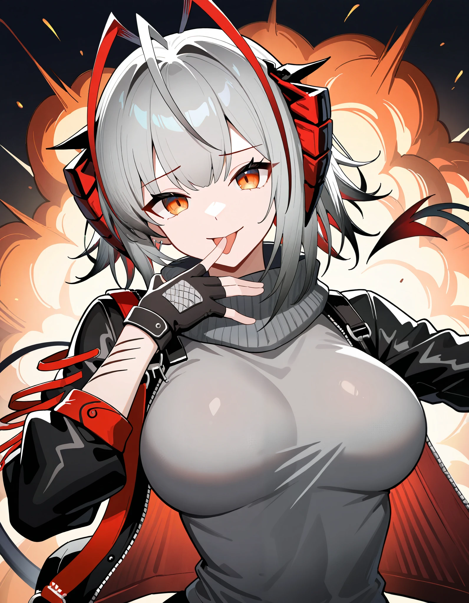 1girl, w\(arknights\), arknights, orange eyes, breasts, open jacket, grey shirt, tongue out, finger to mouth, explosion, masterpiece, best quality, very aesthetic, absurdres