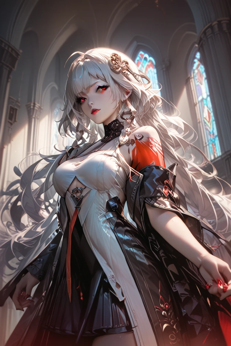 A very beautiful vampire with big boobs big ass white hair red eyes in a cathedral wearing a very refined royal dress