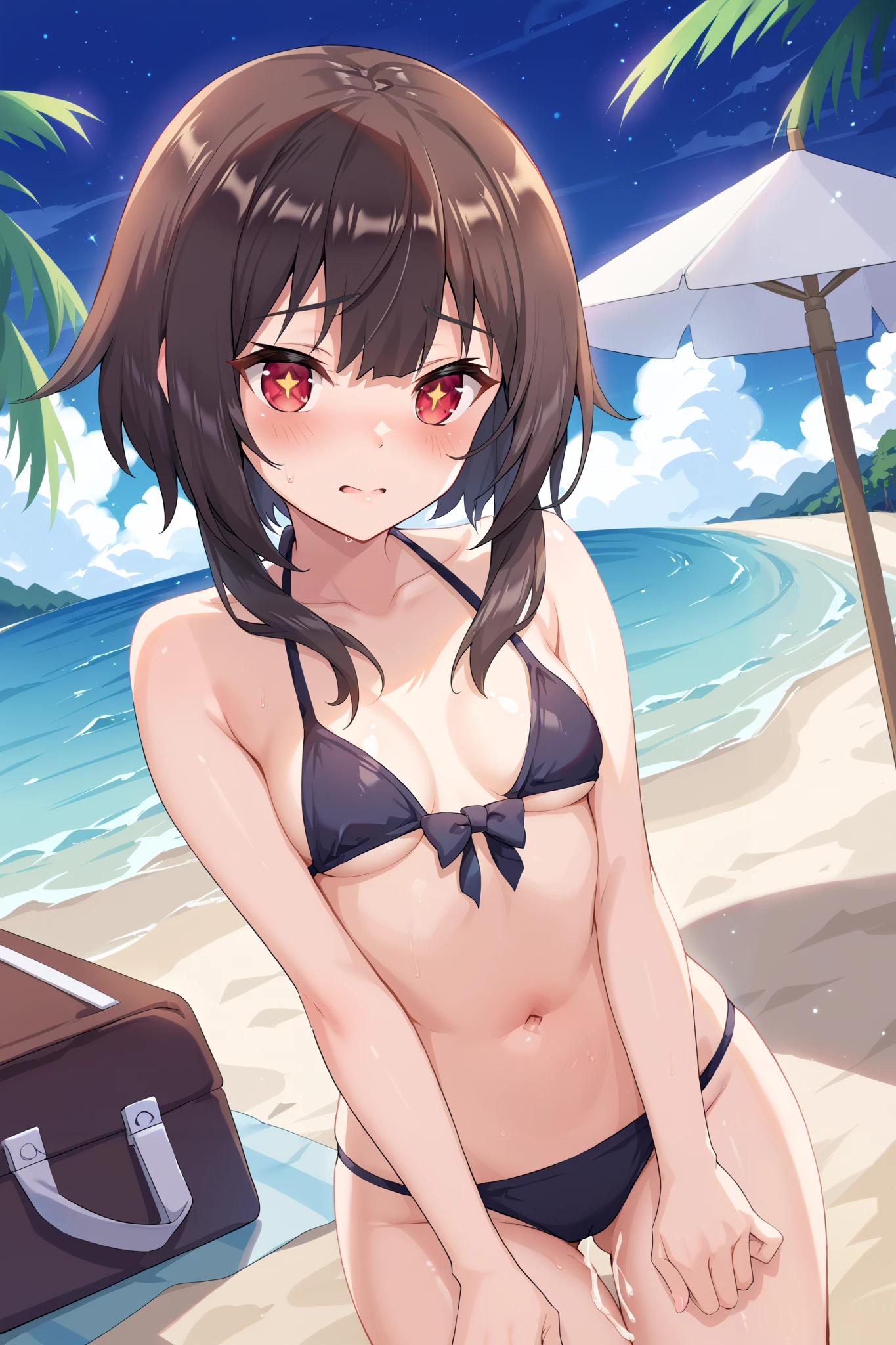 NSFW,masterpiece, best quality, high definition , Very detailed,Megumin\( bless this wonderful world\), short hair、 black hair、Red Eye、 side lock、 long rock,blush,Small breasts,Fine Bikinis ,Night sea,Night Beach, palm trees,Beach House,Being molested, sexual harassment,I&#39;m nervous,Having her breasts fondled by a man,having sex,Being Raped