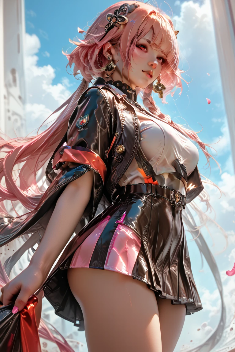 A woman with beautiful faces big boobs big ass pink hair pink eyes in a military suit wearing a tight skirt in a private club