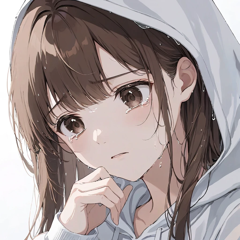 ((anime,pastel))、 a woman looking down , cowboy shot,Close up,Ultra low angle, an angle that looks into your face, Long Wet Hair ,Hair that hangs straight down,((bangs,Sideburns)),sorrow, sheds tears,Overflowing Tears , a hand that catches tears ,The theme is hopelessness , Brown Hair, dark eyes,White hoodie　 background is black