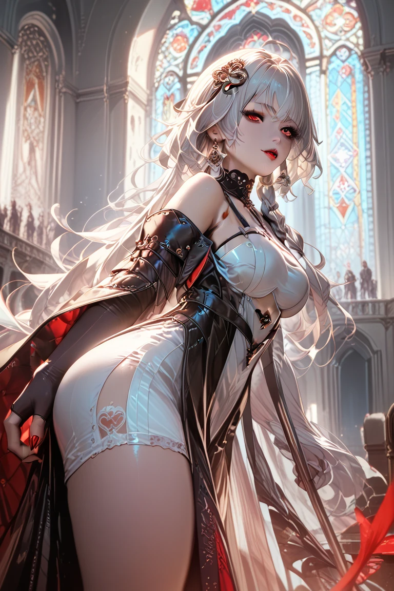 A very beautiful vampire with big boobs big ass white hair red eyes in a cathedral wearing a very refined royal dress