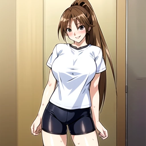 (masterpiece,best quality,high resolution,ultra detailed,anime cg),slender,tall,solo,brown hair,long hair,long ponytail,slanted eyes,white shirt,short sleeve,bike shorts,skin dentation,massive sweat,smile,closed mouth,blush,