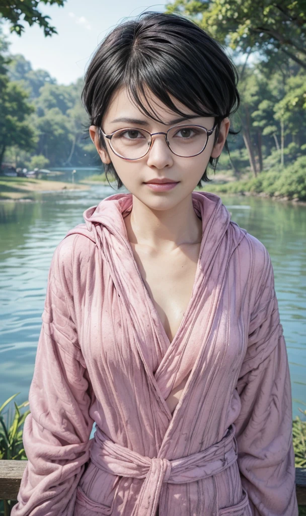 masterpiece, best quality, (realistic,photo-realistic:1.4), (RAW photo:1.2), extremely detailed CG unity 8k wallpaper, delicate and beautiful, amazing,finely detail, official art, absurdres, incredibly absurdres, huge filesize, ultra-detailed,extremely detailed eyes and face,light on face,sarada,(smirk:1.4),(black hair:1.4),(very short hair:1.4),nature,sarada uchiha,(wearing black framed glasses:1.5),(wearing pink bathrobe:1.5),lake