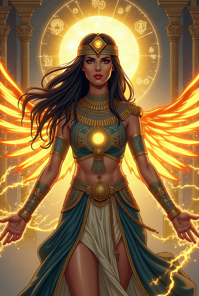 (best quality,4k,8k,highres,masterpiece:1.2),ultra-detailed,(realistic,photorealistic,photo-realistic:1.37),goddess Isis,beautiful young women,emerald brown eyes,dark black wavy hair,egyptian queen,serene expression,majestic wings,feathers shining with iridescence,,elaborate headdress,jeweled collar,hidden power,floating in mid-air,glowing golden halo,,sunlit columns,ancient Egyptian symbols,vibrant colors,divine radiance,symbol of fertility and rebirth,spiritual presence,strong mystical aura,peaceful yet commanding presence