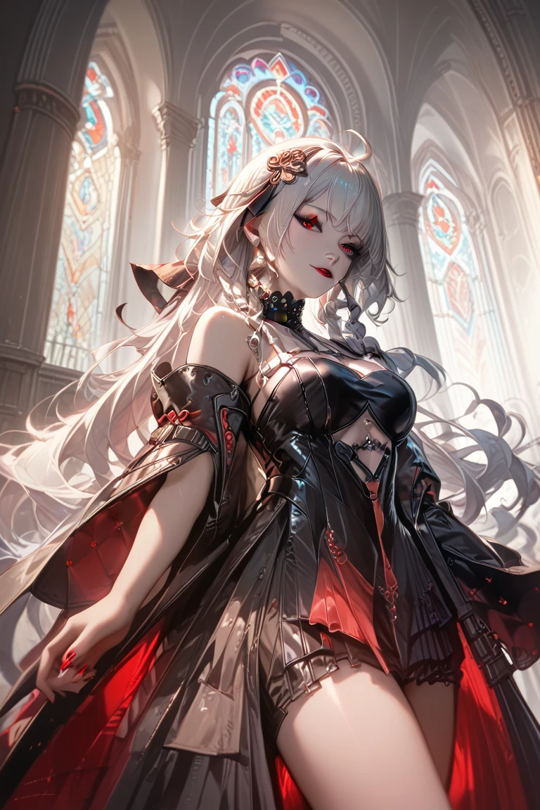 A very beautiful vampire with big boobs big ass white hair red eyes in a cathedral wearing a very refined royal dress